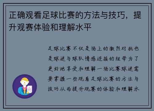 正确观看足球比赛的方法与技巧，提升观赛体验和理解水平