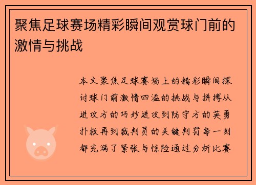 聚焦足球赛场精彩瞬间观赏球门前的激情与挑战