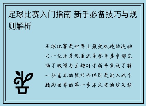 足球比赛入门指南 新手必备技巧与规则解析
