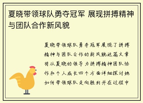 夏晓带领球队勇夺冠军 展现拼搏精神与团队合作新风貌