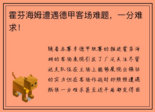 霍芬海姆遭遇德甲客场难题，一分难求！