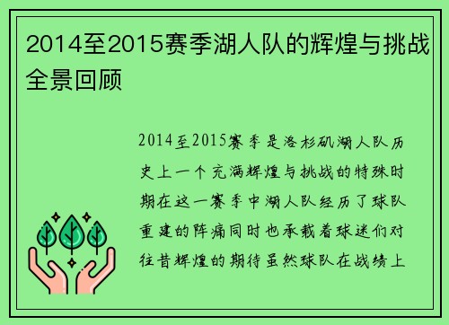 2014至2015赛季湖人队的辉煌与挑战全景回顾