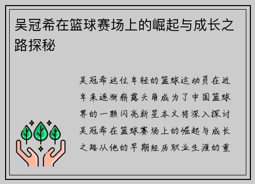 吴冠希在篮球赛场上的崛起与成长之路探秘
