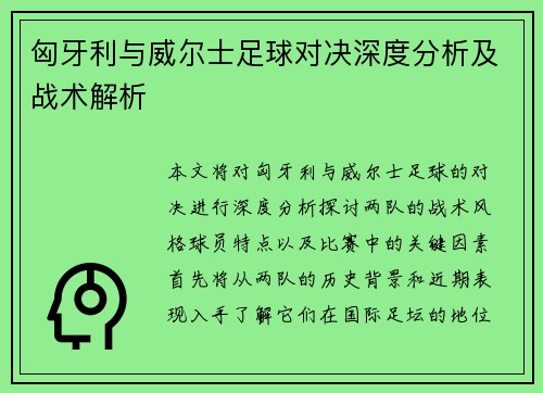匈牙利与威尔士足球对决深度分析及战术解析