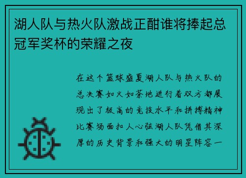 湖人队与热火队激战正酣谁将捧起总冠军奖杯的荣耀之夜