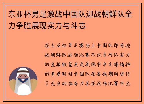 东亚杯男足激战中国队迎战朝鲜队全力争胜展现实力与斗志
