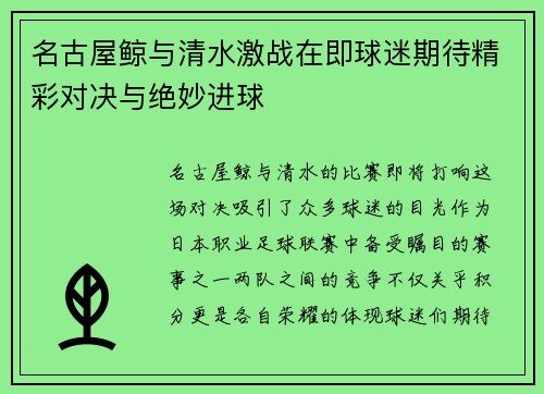 名古屋鲸与清水激战在即球迷期待精彩对决与绝妙进球